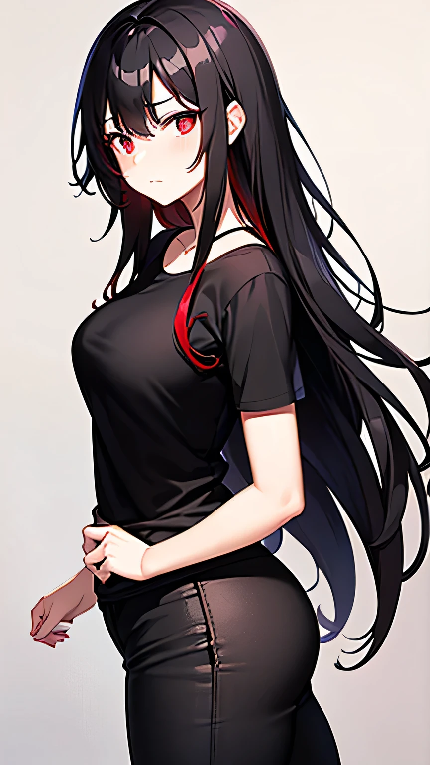 Beautiful Woman, Wavy Black Hair with Red Highlights, Big Red Eyes, Small Nose, Medium Breasts, Black Shirt, Black Pants, Looking Foward, Standing Pose, Neutral Face Expression, high quality