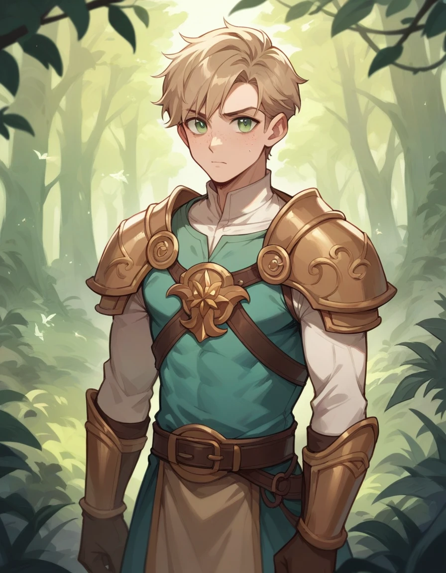light brown skinned boy, light brown hair with freckles on the face, light green eyes, tall and dressed in rustic clothes like a guard, is in an enchanted forest 