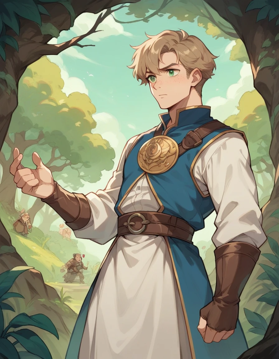 light brown skinned boy, light brown hair with freckles on the face, light green eyes, tall and dressed in rustic clothes like a guard, is in an enchanted forest