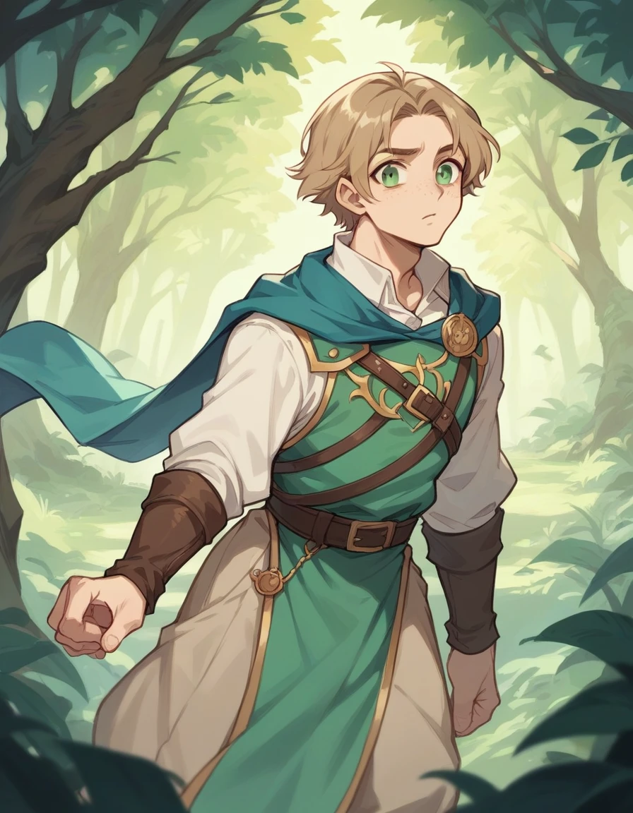 light brown skinned boy, light brown hair with freckles on the face, light green eyes, tall and dressed in rustic clothes like a guard, is in an enchanted forest 