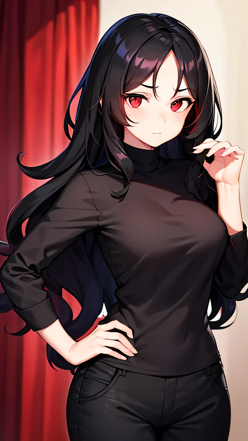 Beautiful Woman, Wavy Black Hair with Red Highlights, Big Red Eyes, Small Nose, Medium Breasts, Black Shirt, Black Pants, Looking Foward, Standing Pose, Neutral Face Expression, high quality