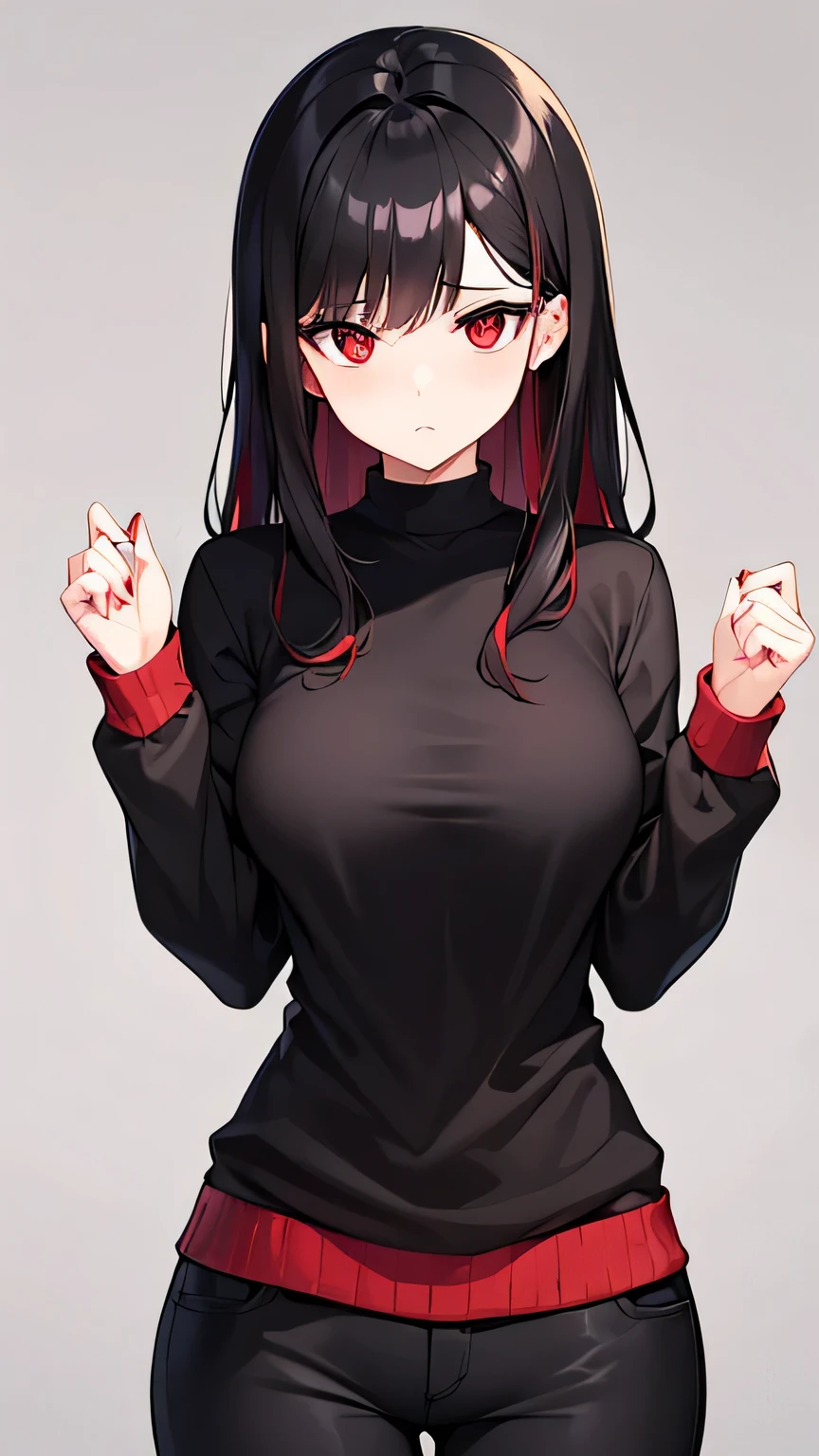 Beautiful Woman, Wavy Black Hair with Red Highlights, Big Red Eyes, Small Nose, Medium Breasts, Black Shirt, Black Pants, Looking Foward, Standing Pose, Neutral Face Expression, high quality