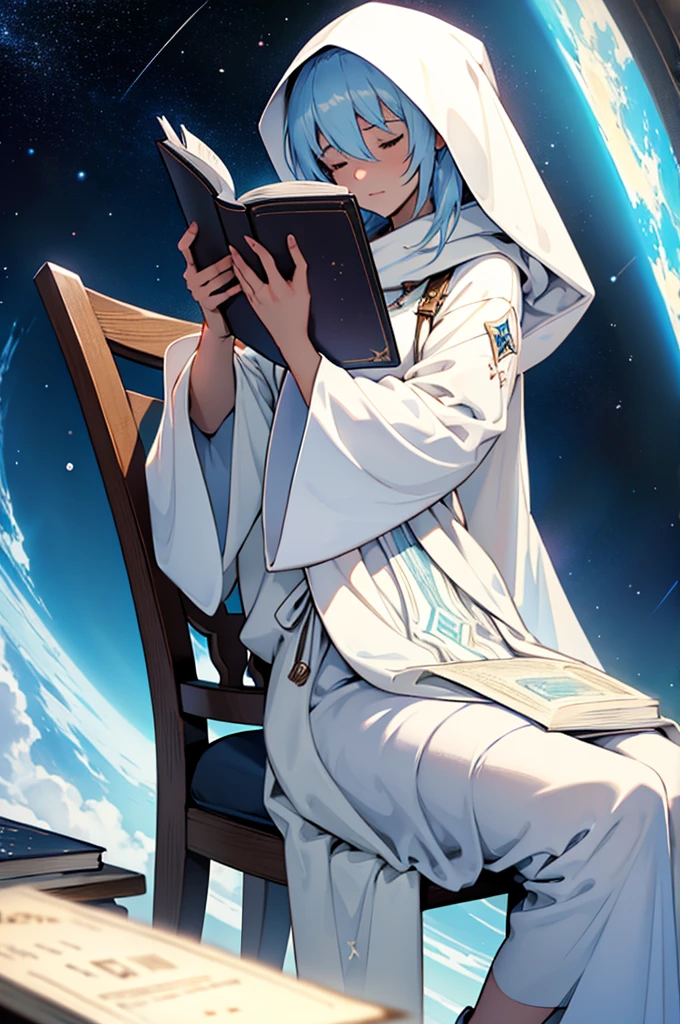 woman wearing a white tunic, hood covering her eyes reading a book, front side, siting on a chair in a plataform of the universe, stars, galaxy cartoon style, cinematic 