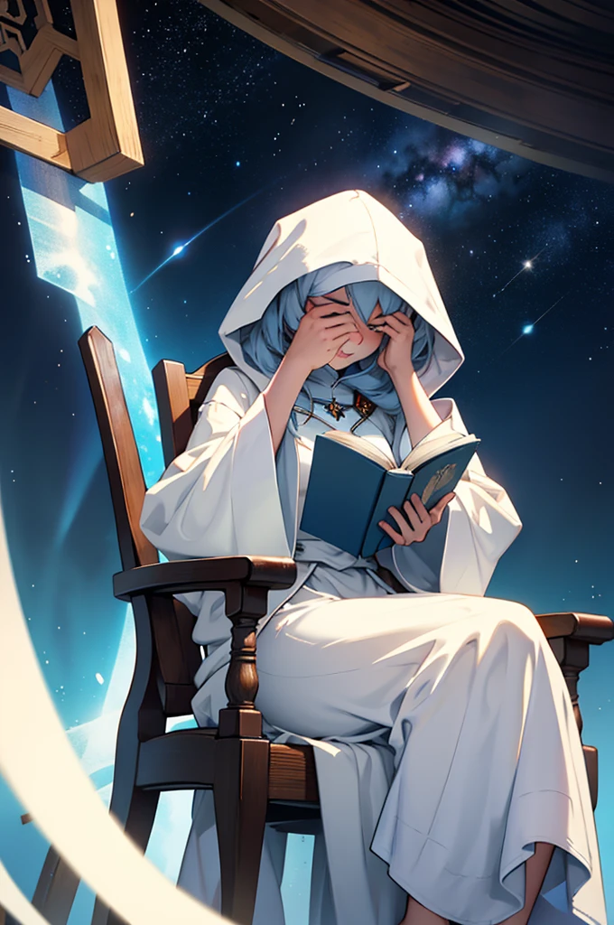 woman wearing a white tunic, hood covering her eyes reading a book, front side, siting on a chair in a plataform of the universe, stars, galaxy cartoon style, cinematic 
