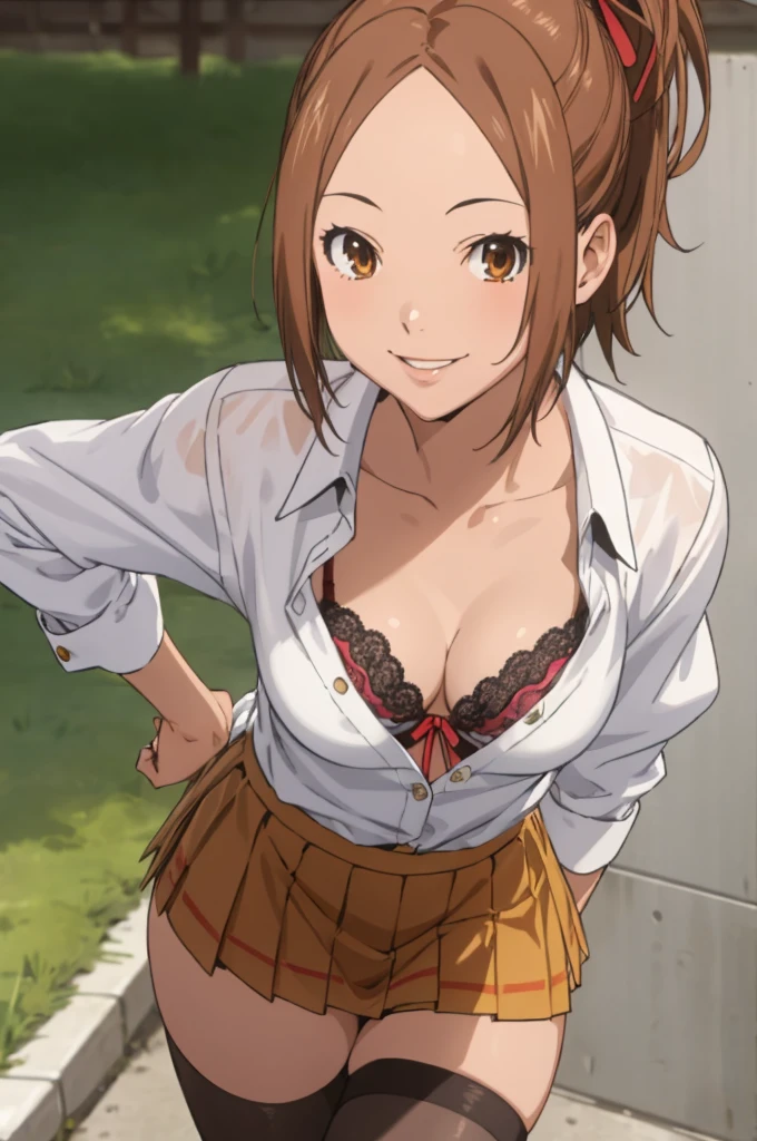 miyoshi kaya, light brown hair, high ponytail,small breasts, orange eyes, parted bangs, forehead,
 1girl,solo,looking at viewer, ,smile,,lace bra,ribbon,white shirts,miniskirt,thighhighs,outdoor,cleavage