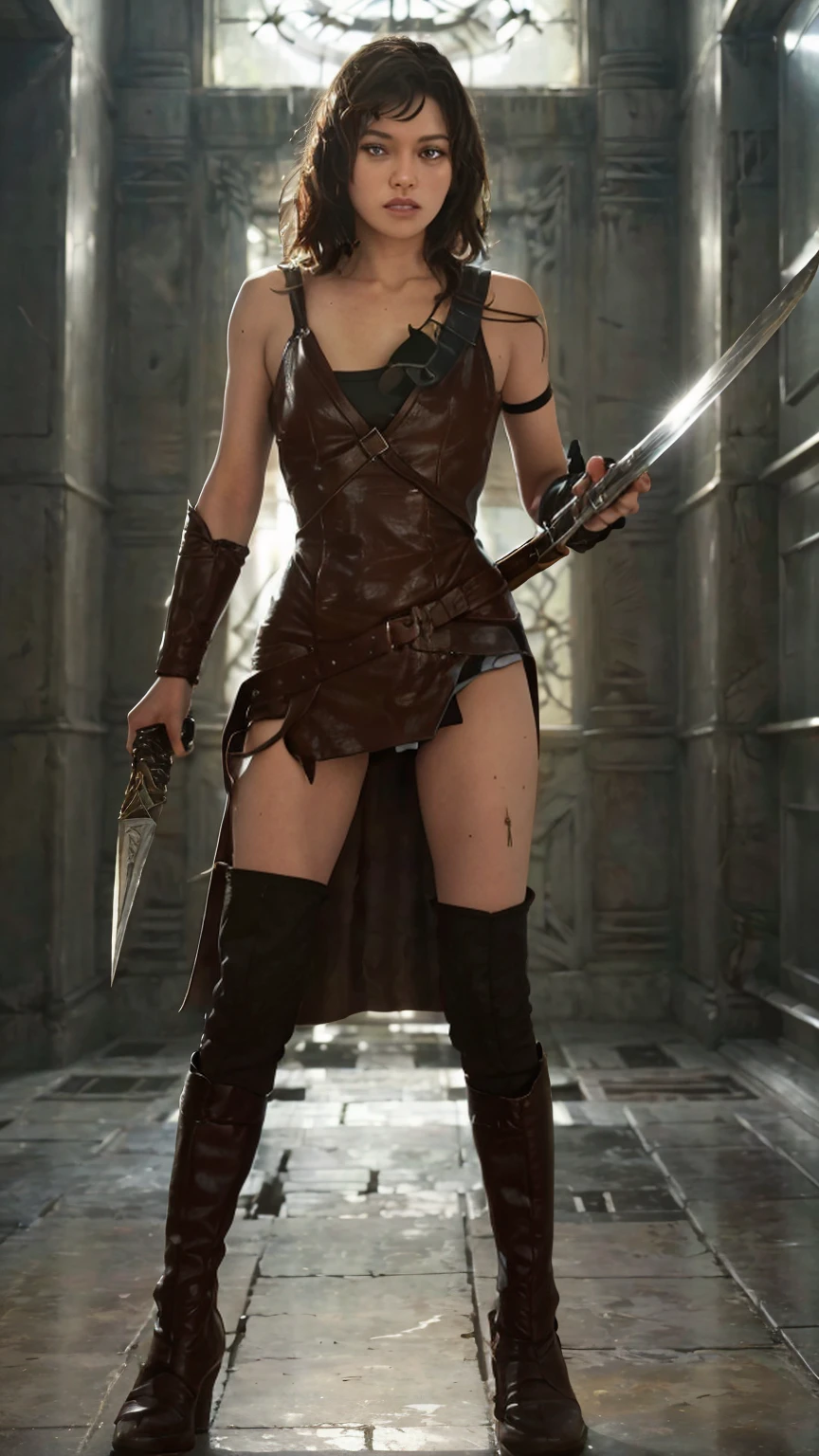 ((Full body photo,standing, feet on the ground)) (Milla Jovovich)a woman dressed as a warrior holding a sword, sexy painting of gal gadot, tyler edlin fantasy art, fantasy woman, gal gadot as hell lord, zenescope, a very beautiful berserker woman, magali villeneuve', as seen on artgerm, very beautiful female barbarian, artgerm julie bell beeple, 4k fantasy art