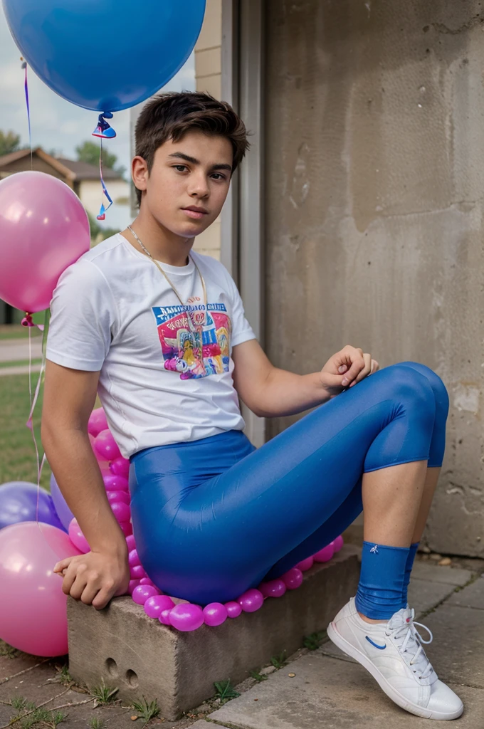 Boy in tights sit Pop balloon
