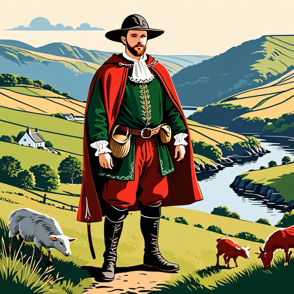 man in welsh folk outfit, vector graphics, strong contours