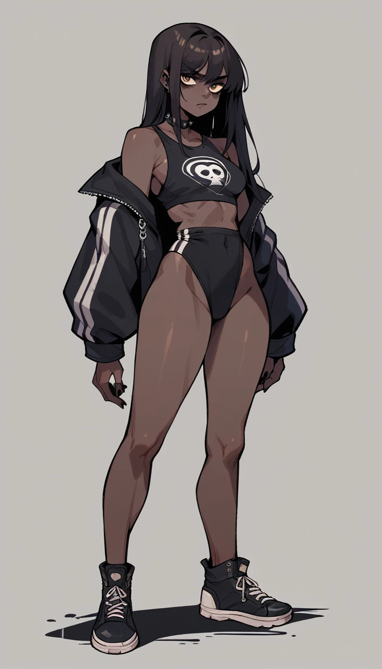 Goth Noir (nod) wearing a black swimsuit black skin full body standing