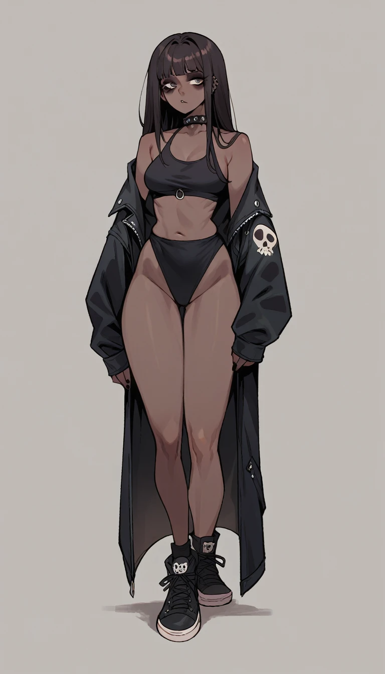 Goth Noir (nod) wearing a black swimsuit black skin full body standing 