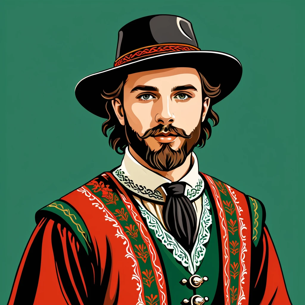 man in welsh folk outfit, vector graphics, strong contours
