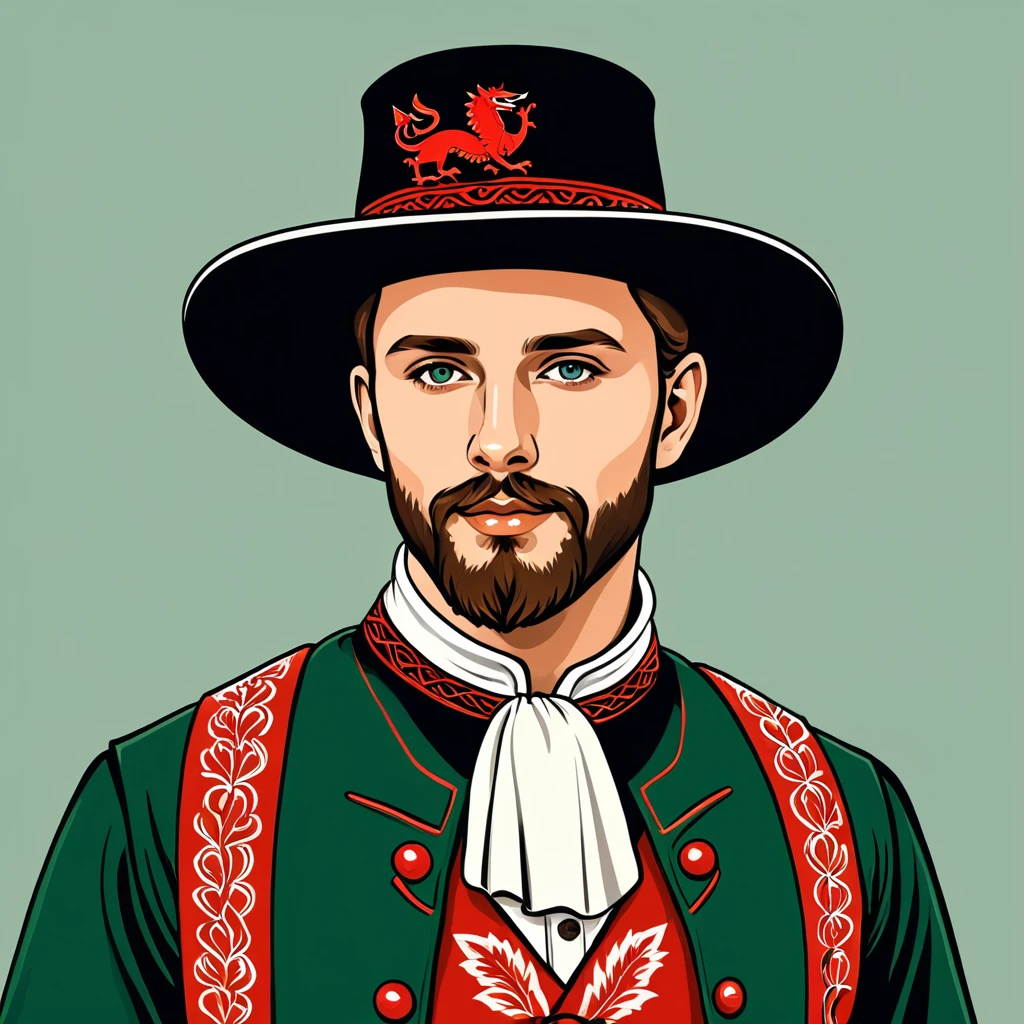 man in welsh folk outfit, vector graphics, strong contours
