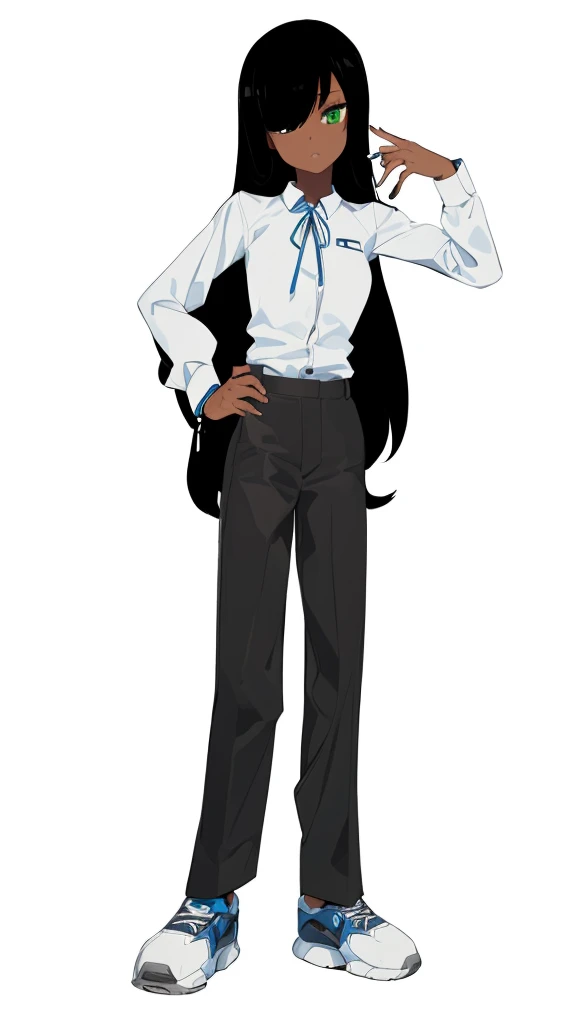 Masterpiece, of the highest quality,1 girl,Dark skin,BROWN SKIN,big body,attractive body,Wide hips,wide thighs,big ass,long black hair,eye hidden by bangs,green eyes,Blue jacket,White shirt,Black pants,blue shoes,