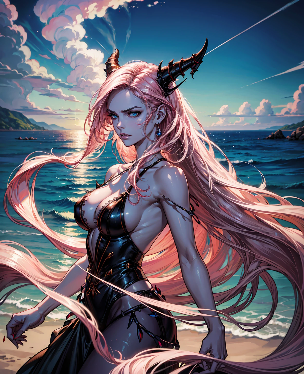( Absurd , High quality , ultra detailed, careful with hand )Zodiac - Cancer goddess , similar to latin goodness , Intelligent, crafty, rational, strong-willed face , mature , Tenacious, moody, irritable, oppressive style ,  ocean blue eyes(eyes detail), long hair , dark pink hair , transparent dress , lace lingerie, in the ocean with flowers  , whole body , innocent make up look ,
