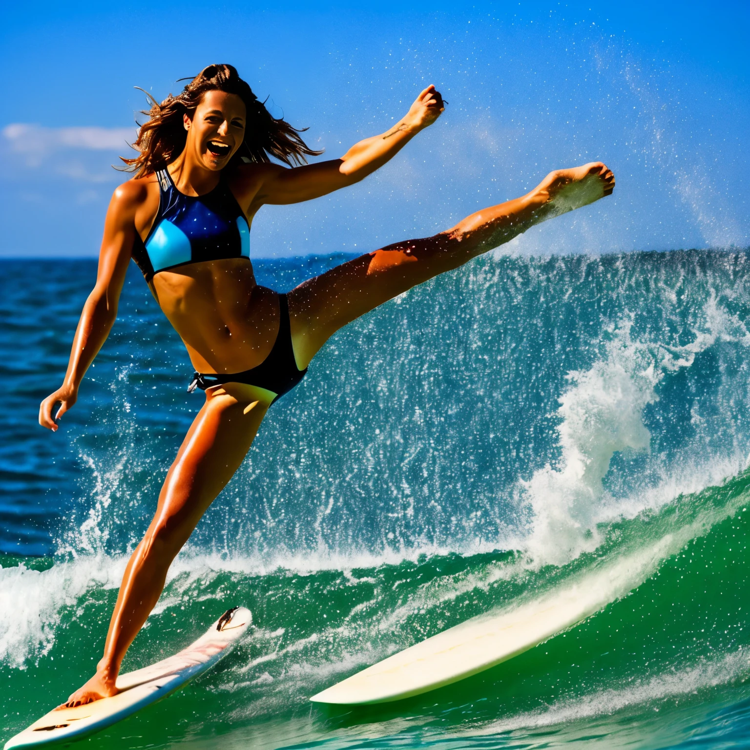 (ZoomedOut:1.28, Wide-shot) (Epic photo of surfer magazine:1.37). (Wetted:1.6) (sparkling highlights:1.28), (extremely detailed KAWAII face), Dynamic Joyful Expressions LifeLike Rendering (ManoErina:1.0) . Overflowing Gigantic Sideboob (Clearly Visible Beautiful Breast to Buttocks Line) Tiny and RoundlyButt, Detailed wet clothing texture, (Starry Iridescent Particles), (Sloppy Surfboard:-1.2) Riding on waves