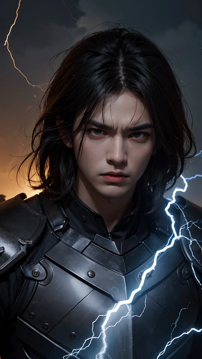 Masterpiece, best quality, nitid, ultra detailed, man's face with lightning and thunder, anger, wrath, supreme god, smooth black armor
