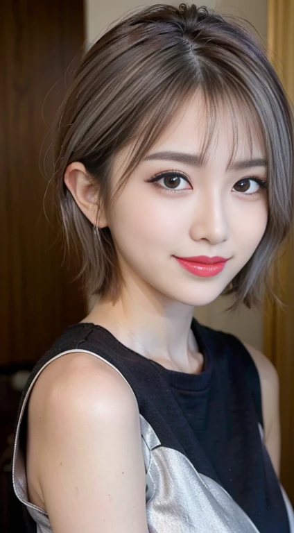 blush a little and smile, (Top quality masterpiece:1.2) Delicate illustrations, Very detailed, /Beautiful Japanese Women、1 person,Very cute and slim、Great style 、((8k images、super high quality))、Very delicate face, Skin and Hair、Big Breasts、beautifule forehead、Red lipstick、(((((short hair、Silver Hair、lure))))),Very cute Japanese cut face、Eyes and nose are clearly visible、Kind eyes,((((Black sleeveless fashion))))