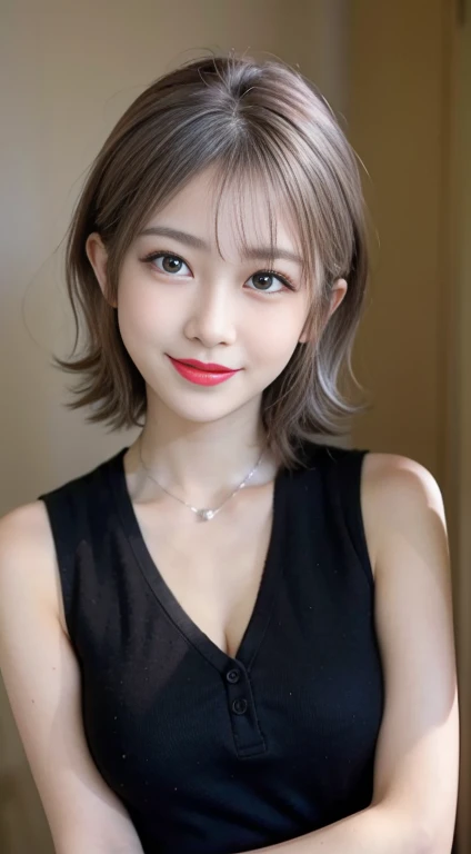 blush a little and smile, (Top quality masterpiece:1.2) Delicate illustrations, Very detailed, /Beautiful Japanese Women、1 person,Very cute and slim、Great style 、((8k images、super high quality))、Very delicate face, Big Breasts、Skin and Hair、beautifule forehead、Red lipstick、(((((short hair、Blonde、lure))))),Very cute Japanese cut face、Eyes and nose are clearly visible、Kind eyes,((((Black sleeveless dress))))