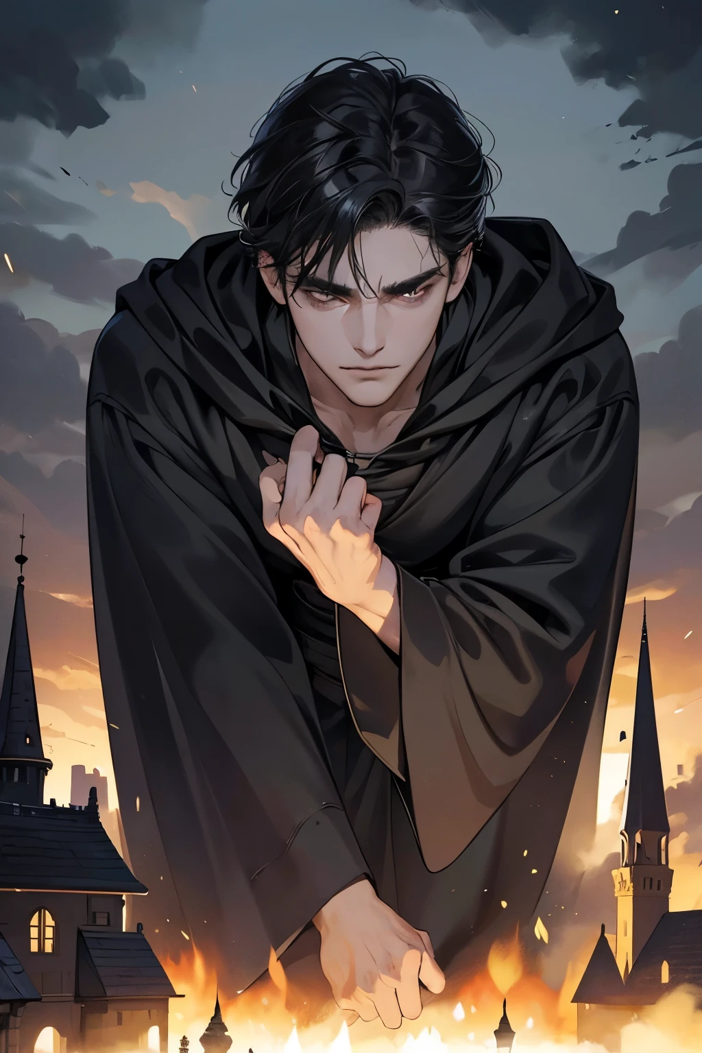 High quality masterpiece, super detailed, super emotion detailed, castle with grass, cold colours dramatic lighting, movie scene, anime style, perfect face, clean eyes, Middle Ages, clean emotions, full body! A cold mean man with black short curly hair, in expensive black Loose robe, with gray shining eyes, he is dark lord, he is cool. He is looking with warm smile to his adult daughter who also has black hair. super quality, 4K, clean eyes, super quality ever! detailed emotions! dark fantasy!, middle ages! They look happy