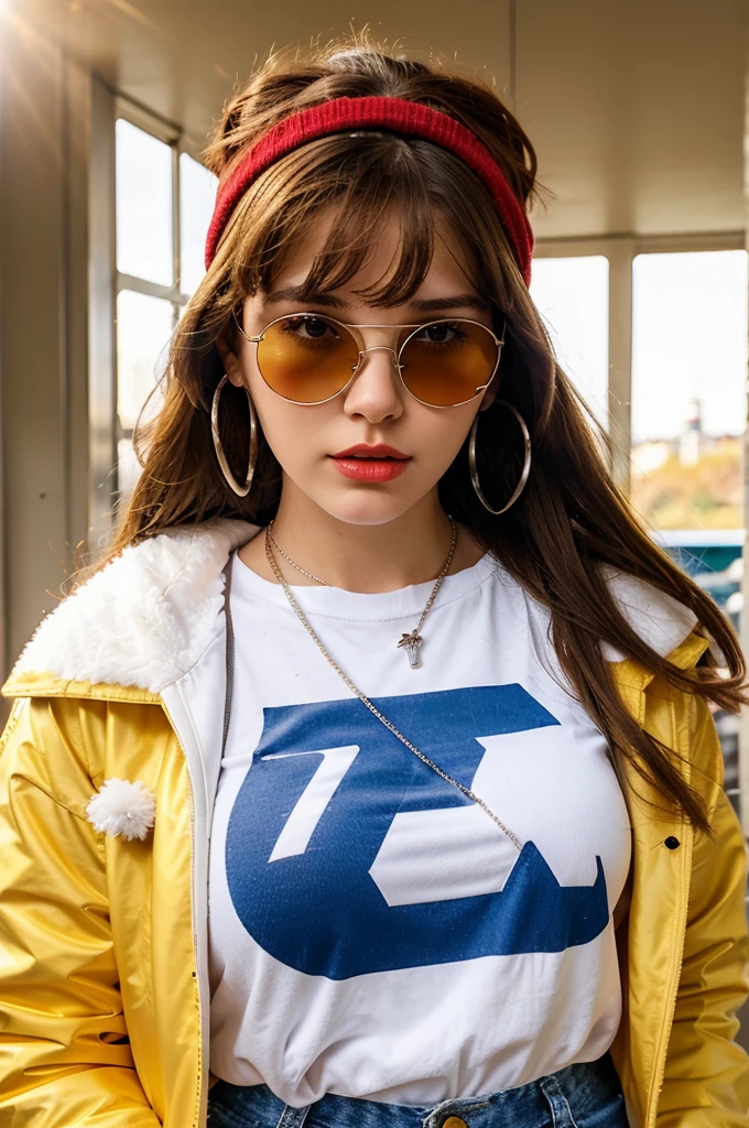 A white girl with sun glasses, brown hair, red lips, red shirt, big , white furry &fluffy jacket, with blue jeans, big ass, yellow cap in the middle a logo of etherium, silver necklace with the logo of etherium, golden hoop earring, beatiful young 20 year old.