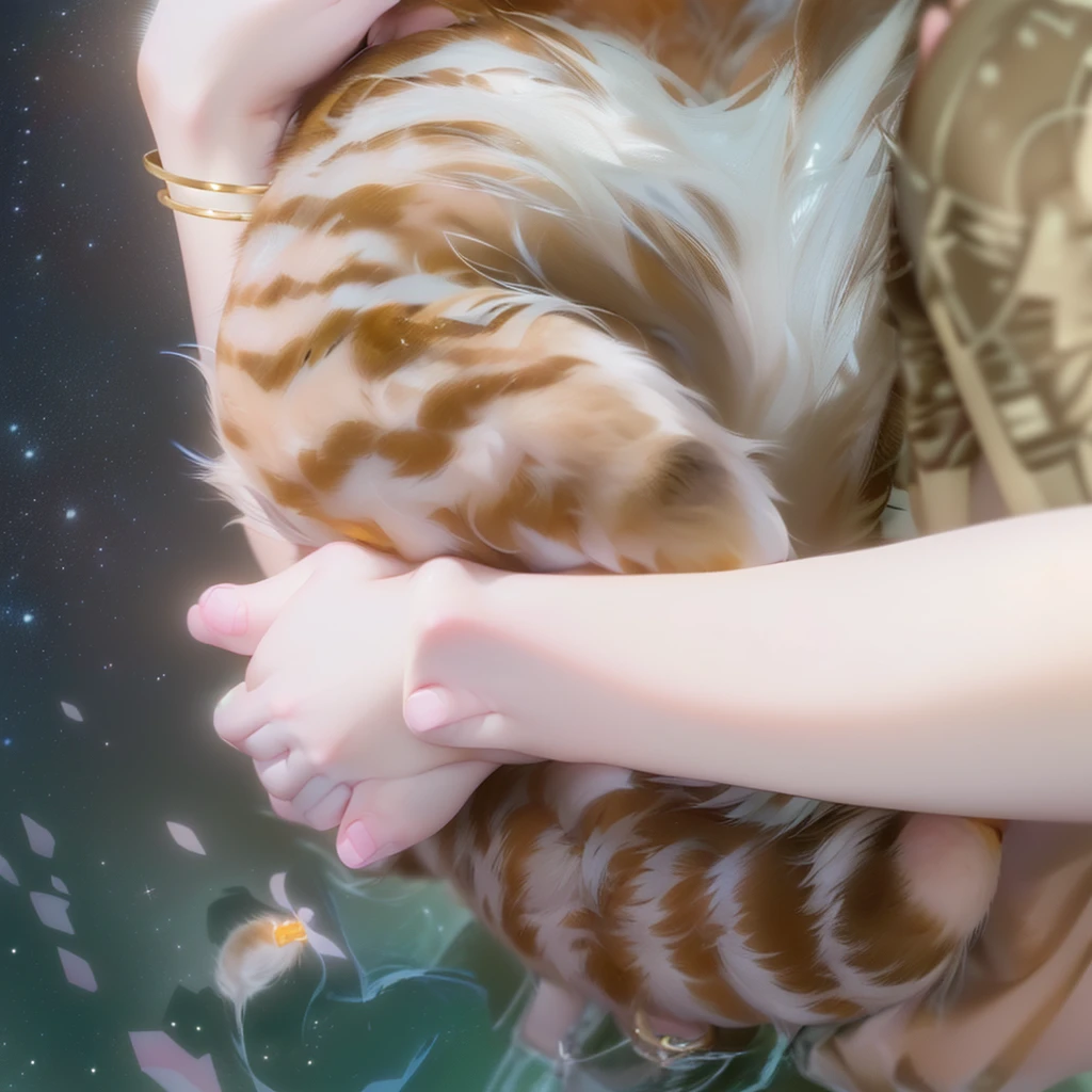 (((Human hands holding the body of an orange bantam cat，Partial view，cat tail，Correct anatomy)))，((Highest quality，masterpiece，，Gray and pink short T-shirt，gold thin bracelet))，starry sky galaxy background