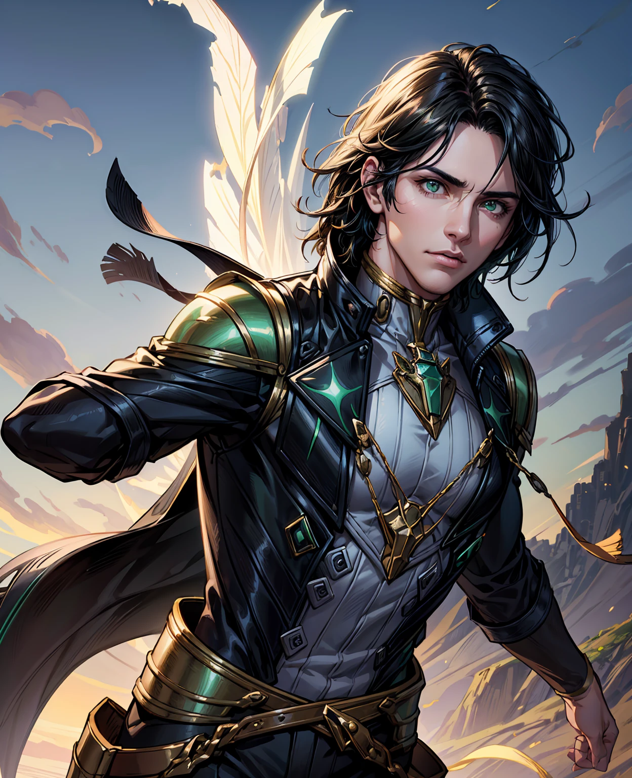 A young man with black hair and green eyes, extremely detailed eyes and face, longeyelashes, handsome, detailed facial features, muscular body, dynamic pose, fantasy landscape, glowing magical aura, (best quality,4k,8k,highres,masterpiece:1.2),ultra-detailed,(realistic,photorealistic,photo-realistic:1.37),digital painting,cinematic lighting,vibrant colors,dramatic shadows