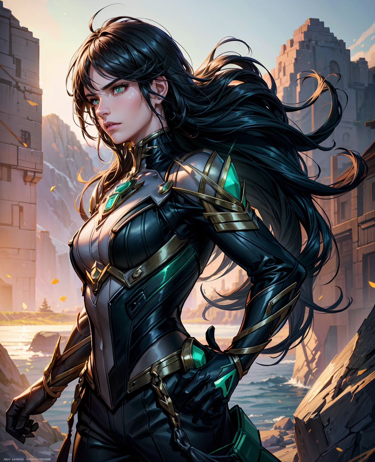 A young man with black hair and green eyes, extremely detailed eyes and face, longeyelashes, handsome, detailed facial features, muscular body, dynamic pose, fantasy landscape, glowing magical aura, (best quality,4k,8k,highres,masterpiece:1.2),ultra-detailed,(realistic,photorealistic,photo-realistic:1.37),digital painting,cinematic lighting,vibrant colors,dramatic shadows