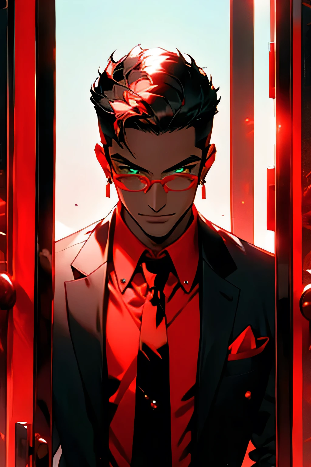 (red theme, red gradient,:1.2) redshift,red, One, I look at the viewer, smile, short hair, shirt, black hair, 1 boy, jewelry, jacket, upper body, male focus, earrings, tie, glasses, collared shirt, luminous, formal, suit, red tie, luminous eyes, mirror, door, open door, doorway, opening door   