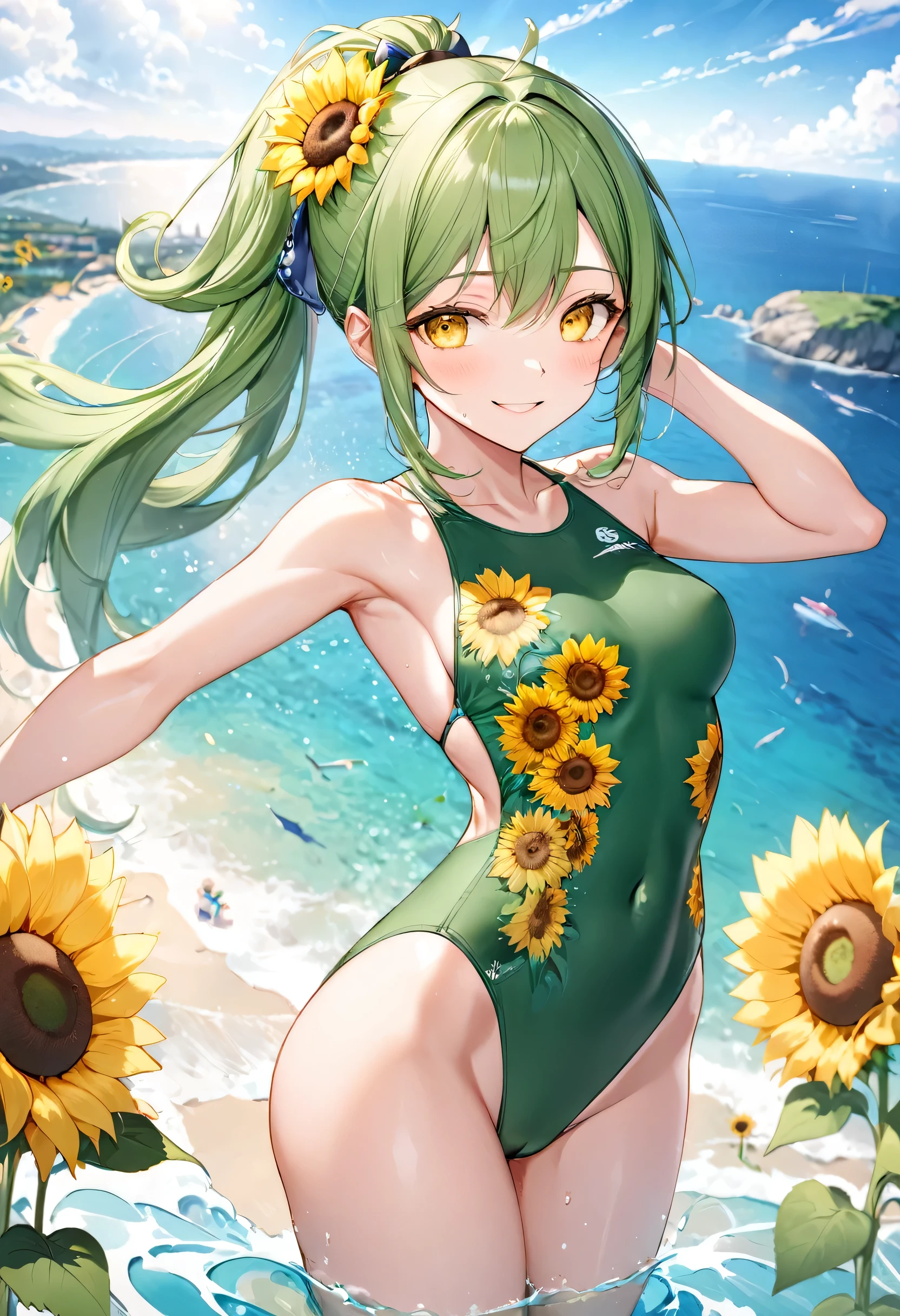 (full body, pov love style swimsuit) (beautifu fighterl body), (solo:2, 15 yo, ponytail green hair long hair sexy fighter girl, cute yellow eyes, love smile, medium tits), (in a sunflower Embroidered green one piece swimsuit, exposure wabisabi:1.3 love sunflower), break, in the Swimsuit contest venue, background Double Exposure beautiful ocean, BREAK, perfect anatomy, masterpiece, best quality, 16k, beautiful detailed love, sexy, daydreaming expression.