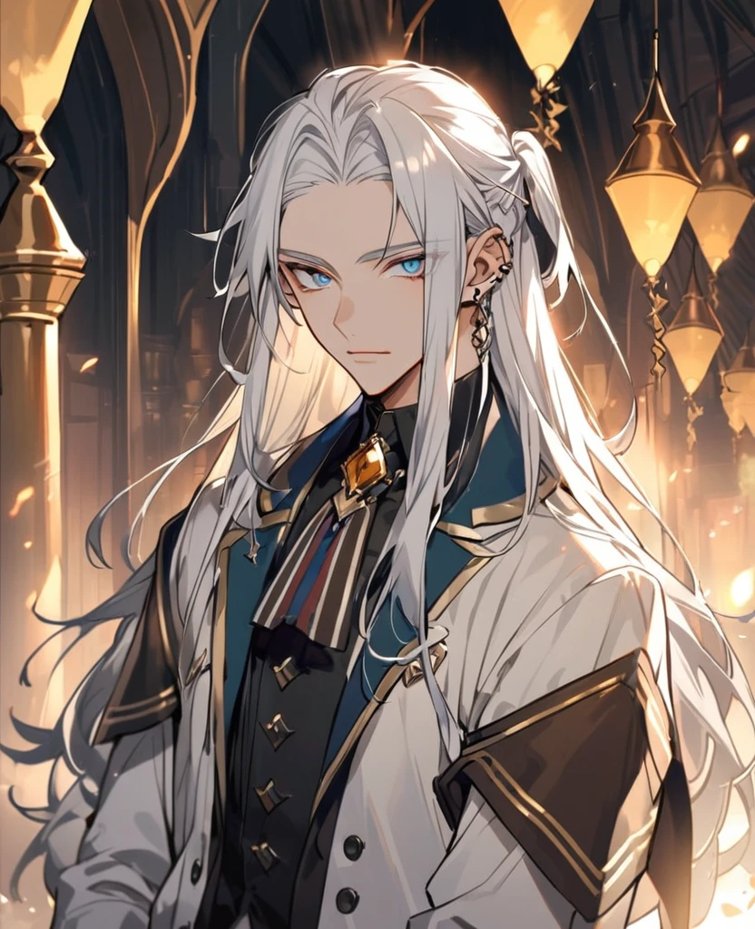 Male,5'4,pierced ears,light skin,blue eyes, white long hair half up half down,hogwards uniform