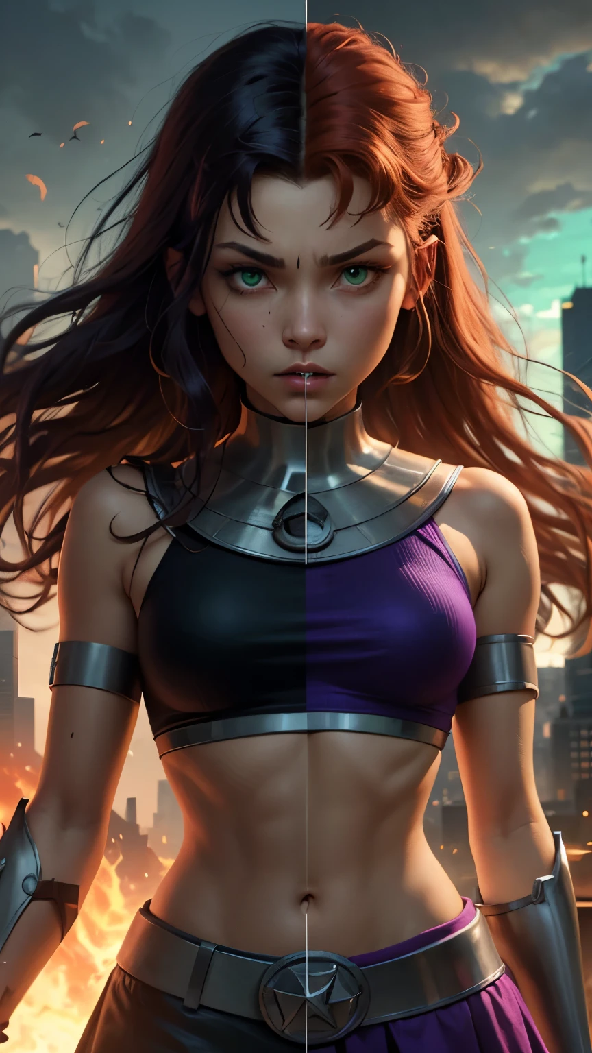(masterpiece, best quality:1.2), SplitScreen, split screen, starfire, orange skin, red hair, gorget, crop top, armlet, vambraces, midriff, skirt, purple skirt, Purple midriff, Green eyes:1.3, Glowing Green, SplitScreen, split screen, blackfire, orange skin, black hair, gorget, crop top, armlet, vambraces, midriff, skirt, black skirt, black midriff, Purple eyes:1.3 Glowing Purple, looking at viewer, angry, clenched teeth, glowing eyes, destroyed city, outdoors, SplitScreen, split screen,