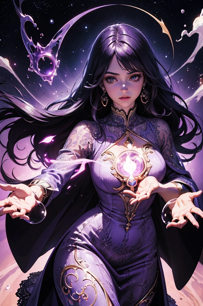 (MESTRA CIGANA SULAMITA) super-realista, Standing showing all her realistic 8K purple lace dress floating in space , cabelos negros, pele, dourada, corpo full body, Detailed Hands with Ruby Ring, 40 anos, Mystery front image ::8, flowing robe, Intricate Purple Makeup Patterns ::7, body ::6, Aura Encantada, magia brilhante ::5, On your card table, Bubbling Potion ::4, Magic ingredients, spellbooks ::3, gesto de spellcasting ::2, mistic ambient, supernatural presence ::1. Smoke and atmosphere: , 16K.