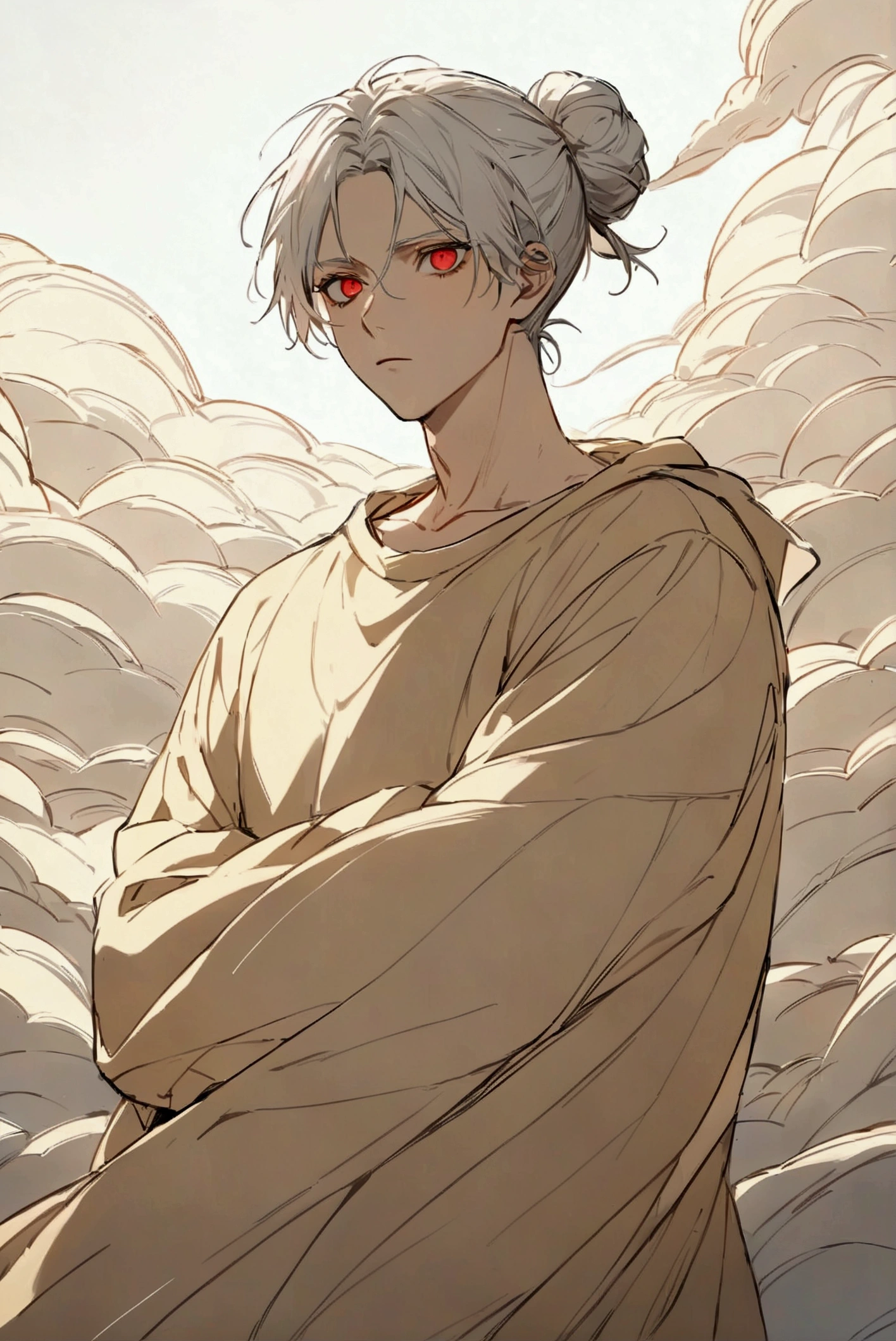 Albino man bun hair、Handsome man in his 20s(1 male,Ellen Yeager)(Attack on Titan),red Eyes,Expressionless,(He is wearing a beige T-shirt、in addition, I'wearing a long hoodie.),(masterpiece:1.3),(Highest quality:1.4),(Very detailedな:1.5),High resolution,Very detailed,unity 8k wallpaper,Decadent,Wind,Achieve smooth design