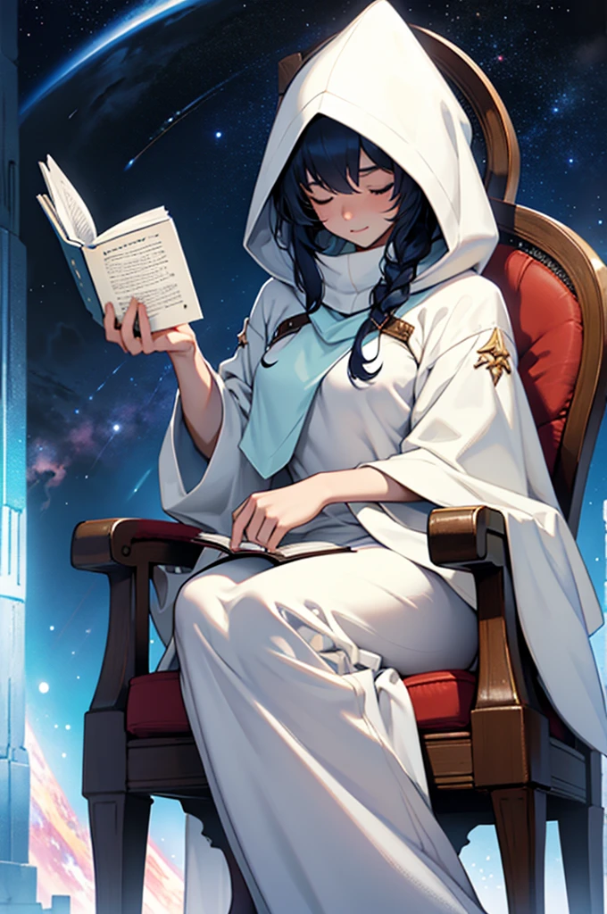 woman wearing a white tunic, hood covering her eyes reading a book, front side, siting on a chair in a plataform of the universe, stars, galaxy