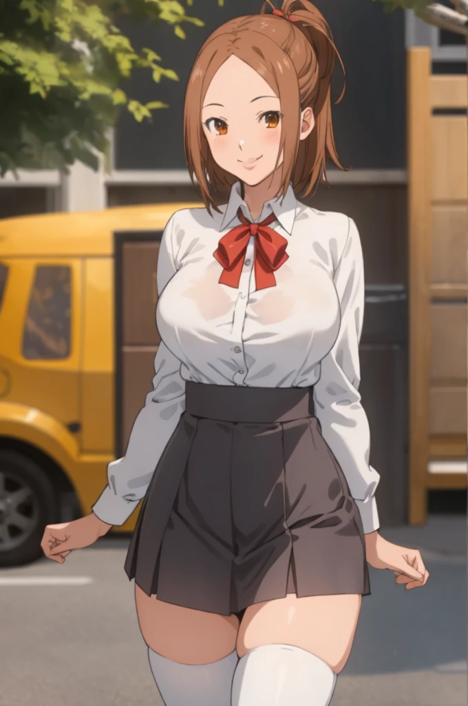 miyoshi kaya, light brown hair, high ponytail,big breasts, orange eyes, parted bangs, forehead,
 1girl,solo,looking at viewer, ,smile,,,ribbon,white shirts,miniskirt,thighhighs,outdoor,nsfw