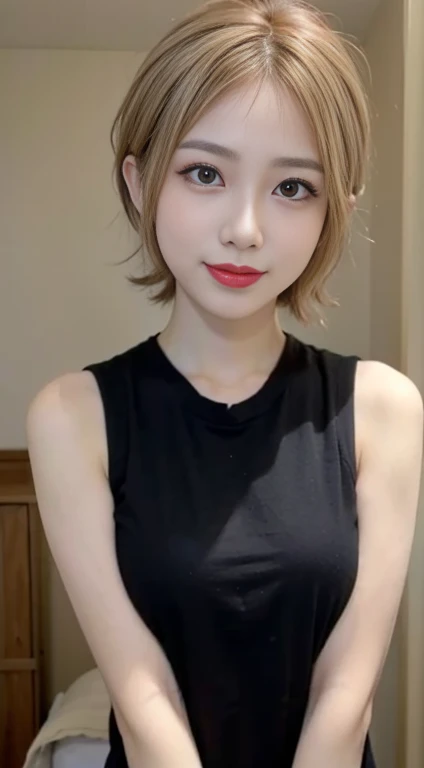 blush a little and smile, (Top quality masterpiece:1.2) Delicate illustrations, Very detailed, /Beautiful Japanese Women、1 person,Very cute and slim、Great style 、((8k images、super high quality))、Very delicate face, Big Breasts、Skin and Hair、beautifule forehead、Red lipstick、(((((short hair、Blonde、lure))))),Very cute Japanese cut face、Eyes and nose are clearly visible、Kind eyes,((((Black sleeveless fashion))))