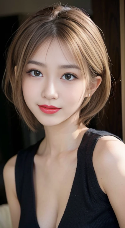 blush a little and smile, (Top quality masterpiece:1.2) Delicate illustrations, Very detailed, /Beautiful Japanese Women、1 person,Very cute and slim、Great style 、((8k images、super high quality))、Very delicate face, Big Breasts、Skin and Hair、beautifule forehead、Red lipstick、(((((short hair、Blonde、lure))))),Very cute Japanese cut face、Eyes and nose are clearly visible、Kind eyes,((((Black sleeveless fashion))))