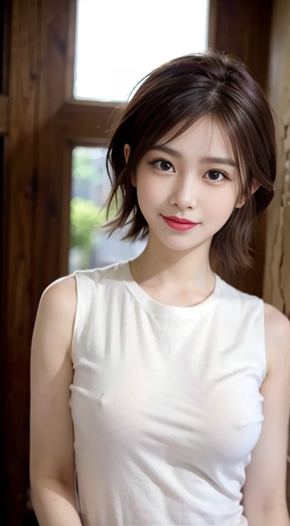 blush a little and smile, (Top quality masterpiece:1.2) Delicate illustrations, Very detailed, /Beautiful Japanese Women、1 person,Very cute and slim、Great style 、((8k images、super high quality))、Very delicate face, Skin and Hair、Big Breasts、beautifule forehead、Red lipstick、(((((short hair、Light brown hair、lure))))),Very cute Japanese cut face、Eyes and nose are clearly visible、Kind eyes,((((White sleeveless fashion))))