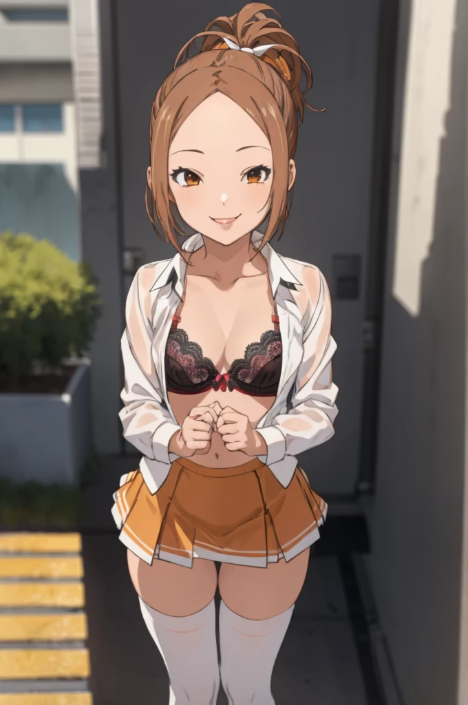 miyoshi kaya, light brown hair, high ponytail,small breasts, orange eyes, parted bangs, forehead,
 1girl,solo,looking at viewer, ,smile,,lace bra,ribbon,white shirts,miniskirt,thighhighs,outdoor,cleavage