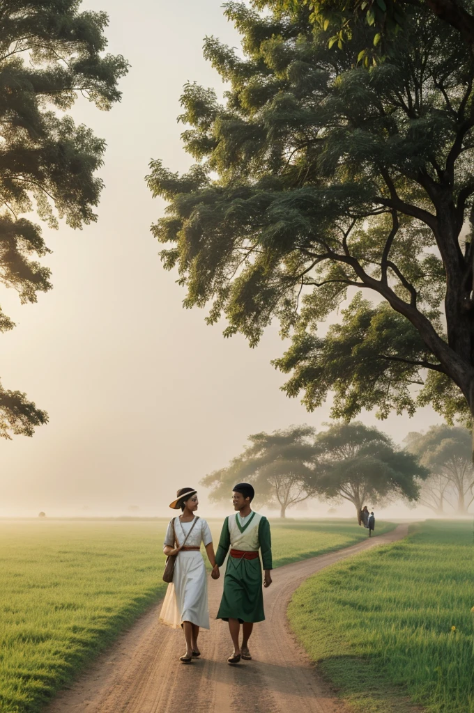 Photo , hyper realistic , 4k hd quality, a young couple of myanmar , wearing old fashion 1950 costume style , walking and embrace together , under a big poinciania tree, along in green grass earth road, peacefully and happily, beyond the green meadow, in country side, misty  morning.