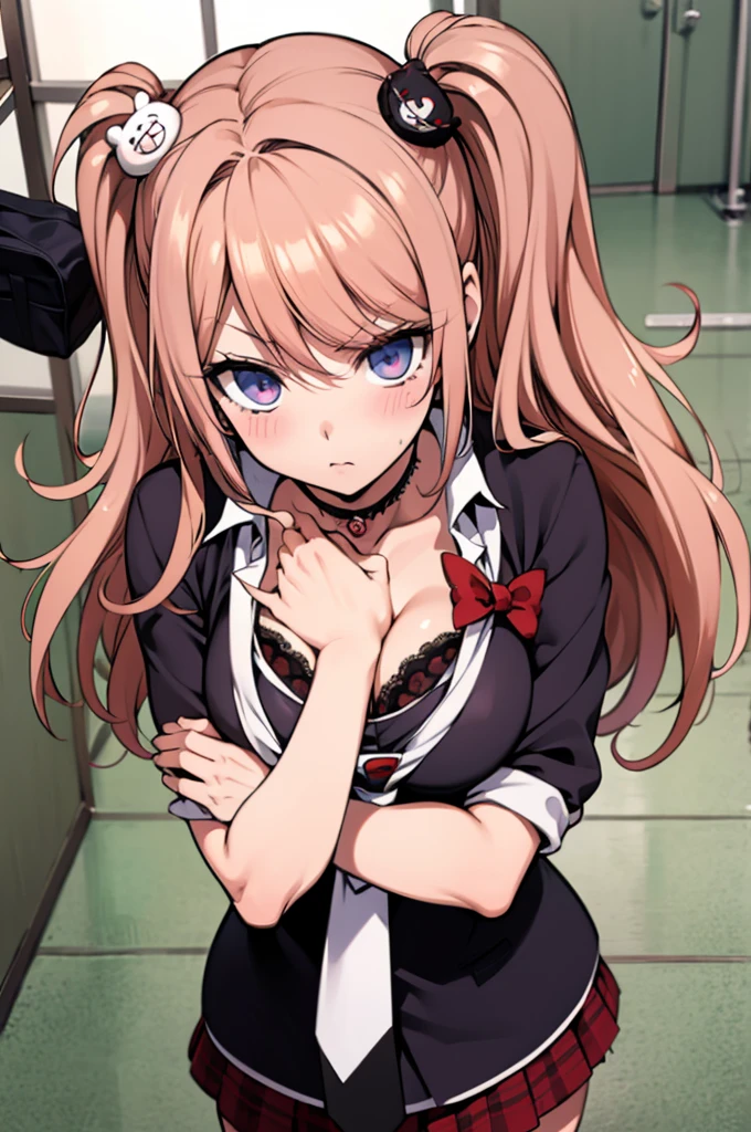 junko enoshima, pink gold long hair, 1girl in, Twin-tailed, solo, blue eyess,, bangss, bear hair ornament, (red claw), Red ribbons, Black shirt, undergarment, a choker, Black bra, cleavage of the breast, clavicle, Rolled up sleeves, white necktie, Red skirt with pleated plaid pattern, (student clothes), Black Cross Lace Knee Boots, Glossy, shinny hair, School scenery, school hallway, School windows, tsundere、kawaii、get angry、get blush、Opening Mouth、a school bag、Beautiful hands、forefingeve Fingers、(Toenails)、(red claw), free pose