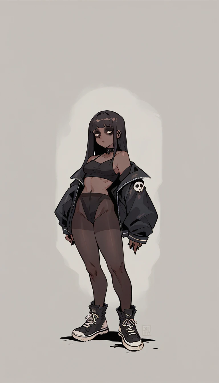 Goth Noir (nod) wearing a black swimsuit Black skin full body standing wearing black transparent pantyhose 