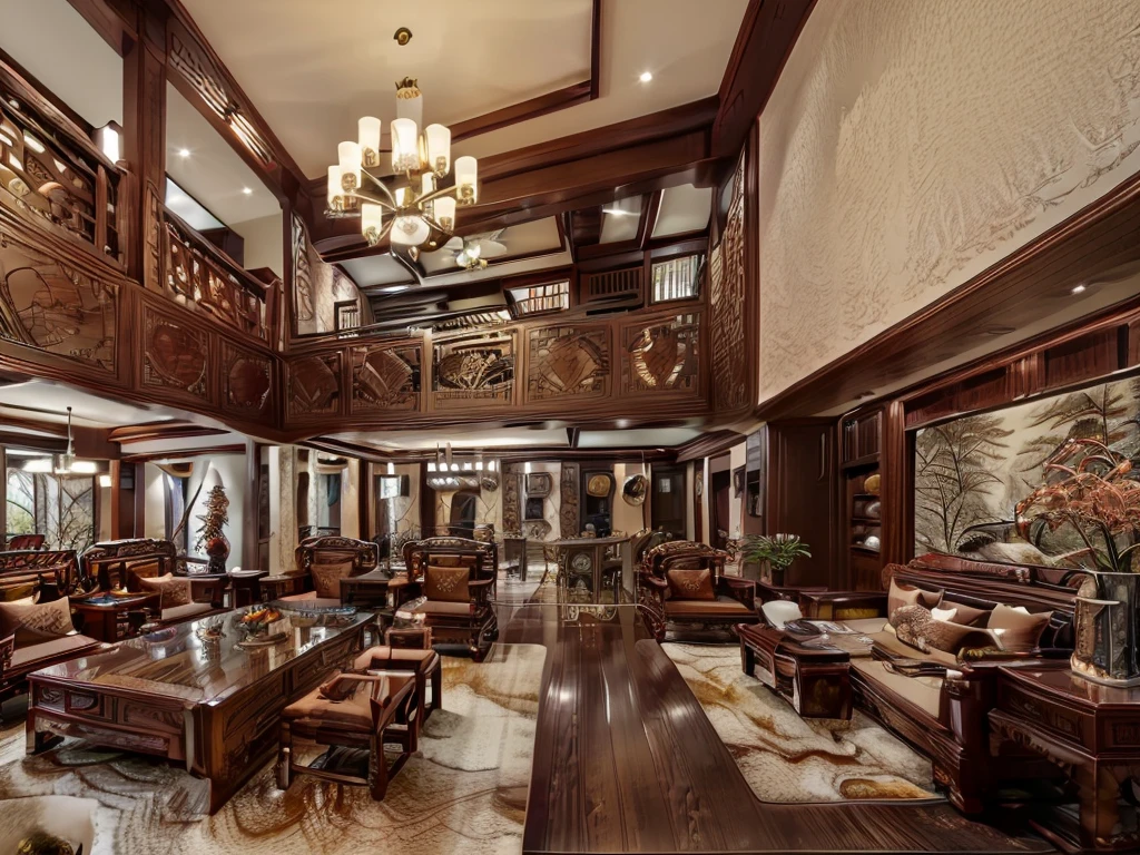 A double-height ceiling living room with a large, floor-to-ceiling window on one side log cabin. Outside is a dark snow-covered landscape. The living area is furnished with plush, contemporary sofas and chairs in neutral tones, grouped around a low, central coffee table. The room's color palette is composed of dark brown and warm tones, with the soft lighting from various lamps adding a cozy ambiance.