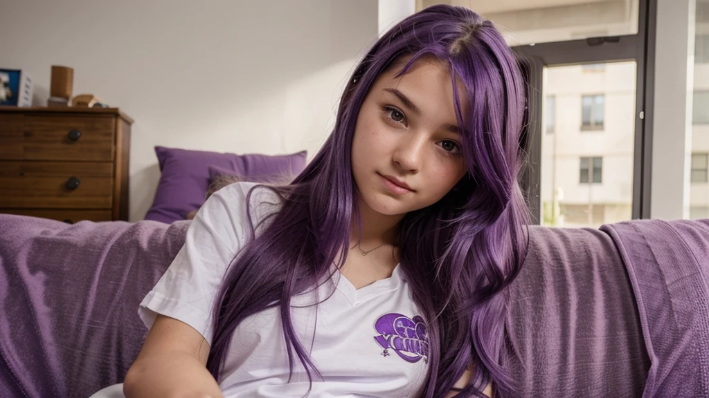 a 14 year old girl with cute purple hair down