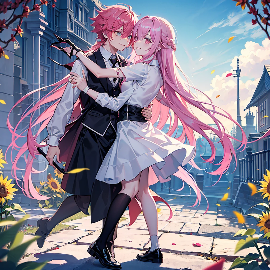 1 pink hair, long hair, Devil's Horn, Devil Tail,Face Focus,Detailed face,Smile,aldult,best quality, white shirt dress, black vest,Black shoes,Detailed background, Scattered sunlight, Depth of Field, Bokeh,sunflower,Sea of Flowers,breeze,Blue sky and white clouds,happy,Bouquet,Dance