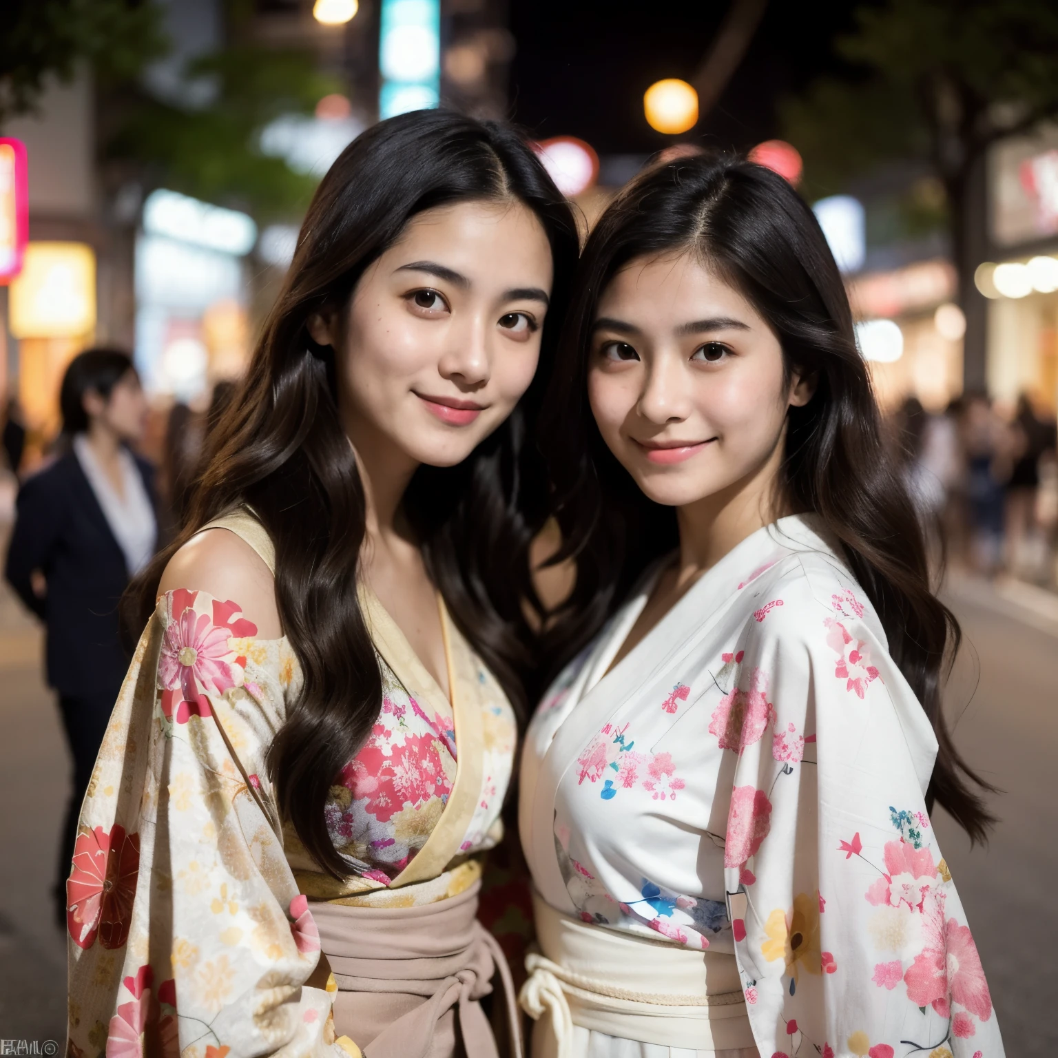 ((best quality)), ((masterpiece)), (detailed), realistic photo of two young girls, one latina with wavy dark hair and one japanese girl with shoulder lenght dark hair, both dressed in colorful japanese traditional kimonos, posing smiling to the camera on a bustling street in Shibuya, Tokyo, in the evening,