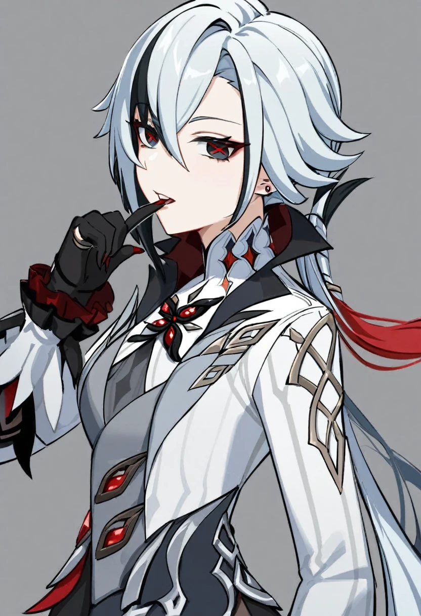 best quality, masterpieceï¼parted_lips, sidelocks, turtleneck, black_gloves, x-shaped_pupils, :d, looking_at_viewer, simple_background, highres, finger_in_mouth, middle_finger_raised, solo, grey_background, 1girl, arlecchino_\(genshin_impact\), long_sleeves, absurdres 