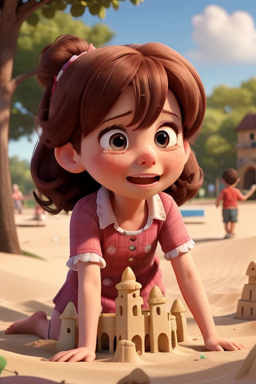 Clara was playing with her friends in the park when she accidentally broke the sand castle they had built together and she burst into tears.