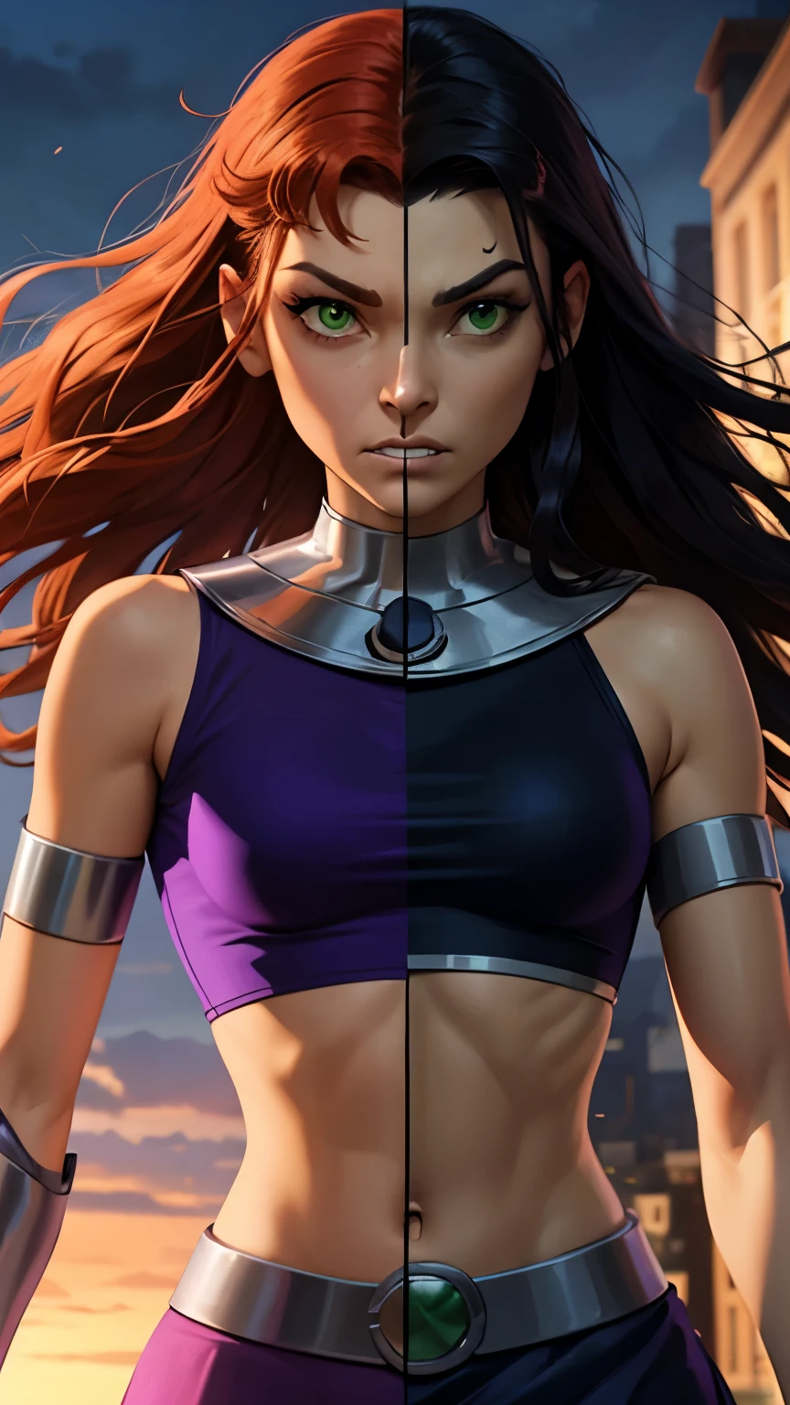 (masterpiece, best quality:1.2), SplitScreen, split screen, starfire, orange skin, red hair, gorget, crop top, armlet, vambraces, midriff, skirt, purple skirt, Purple midriff, Green eyes:1.3, Glowing Green, SplitScreen, split screen, blackfire, orange skin, black hair, gorget, crop top, armlet, vambraces, midriff, skirt, black skirt, black midriff, Purple eyes:1.3 Glowing Purple, looking at viewer, angry, clenched teeth, glowing eyes, destroyed city, outdoors, SplitScreen, split screen,