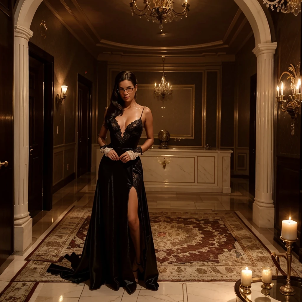 Woman wearing a floor-length evening gown with long evening gloves, Glasses and pumps. She is inside a Luxurious mansion at a party.